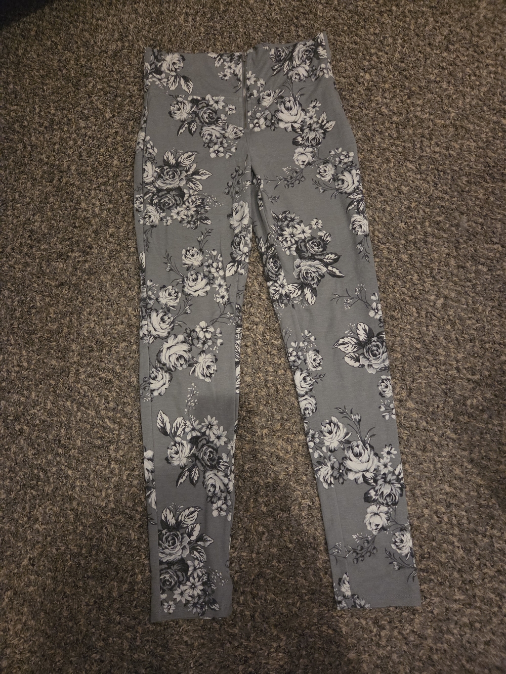 Floral Print High-Waist Leggings - Gray/White